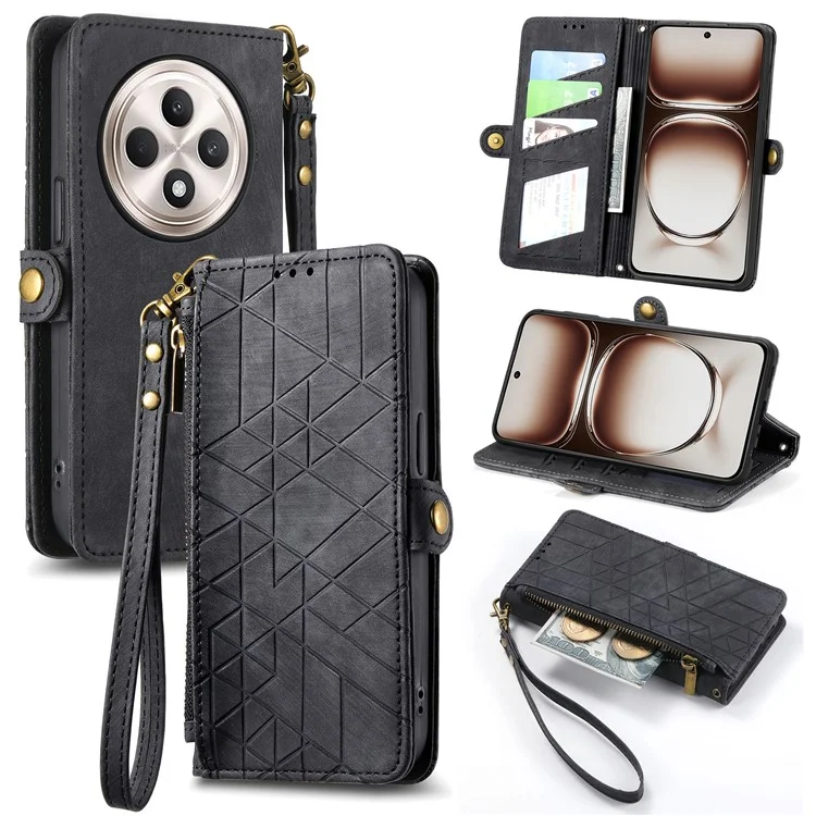 For Oppo Reno12 F 5G Zipper Wallet Case Geometry Lines Leather Phone Cover with Strap - Black-Cellmalls