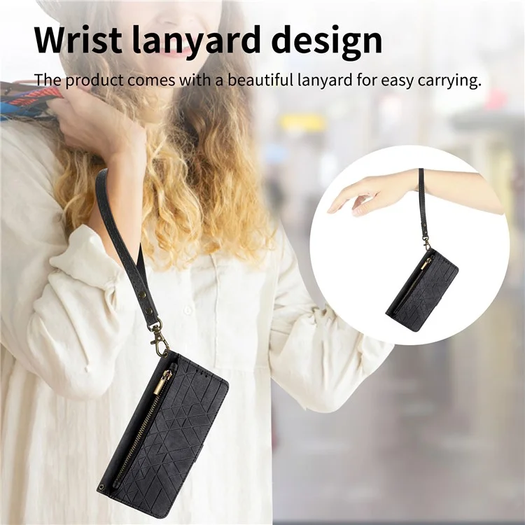 For Oppo Reno12 F 5G Zipper Wallet Case Geometry Lines Leather Phone Cover with Strap - Black-Cellmalls