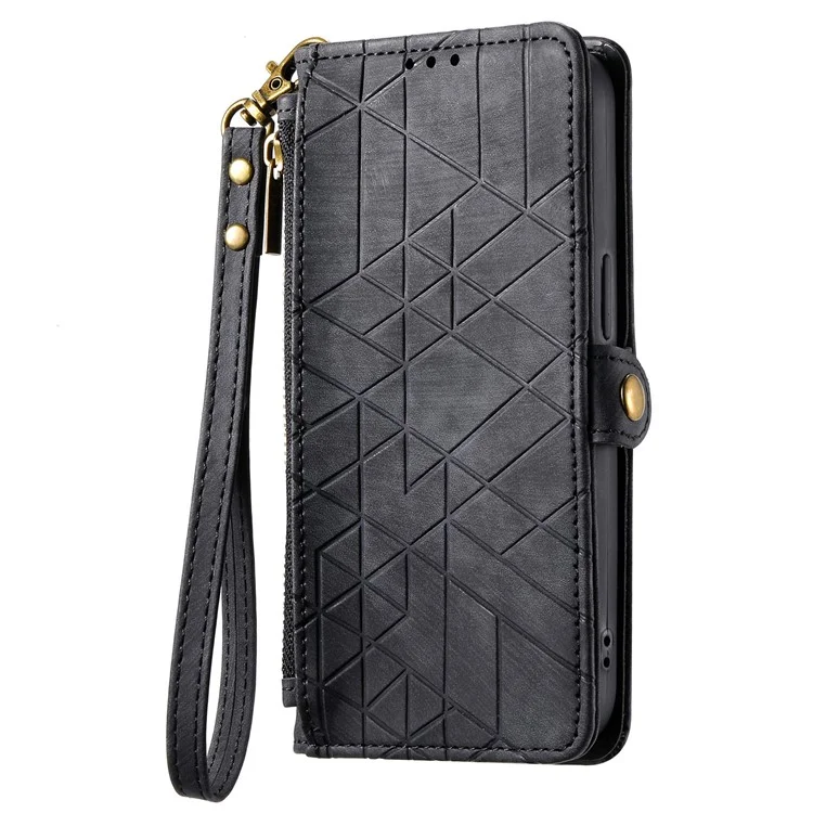 For Oppo Reno12 F 5G Zipper Wallet Case Geometry Lines Leather Phone Cover with Strap - Black-Cellmalls