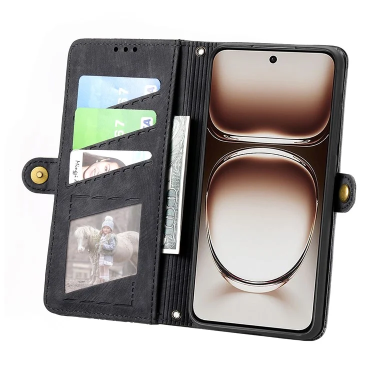 For Oppo Reno12 F 5G Zipper Wallet Case Geometry Lines Leather Phone Cover with Strap - Black-Cellmalls