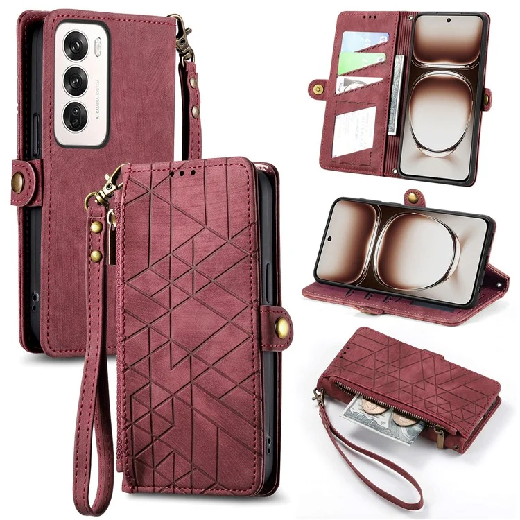 For Oppo Reno12 5G (Global) Zipper Wallet Case Geometry Lines Leather Phone Cover with Strap - Black-Cellmalls