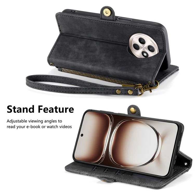 For Oppo Reno12 F 5G Zipper Wallet Case Geometry Lines Leather Phone Cover with Strap - Black-Cellmalls