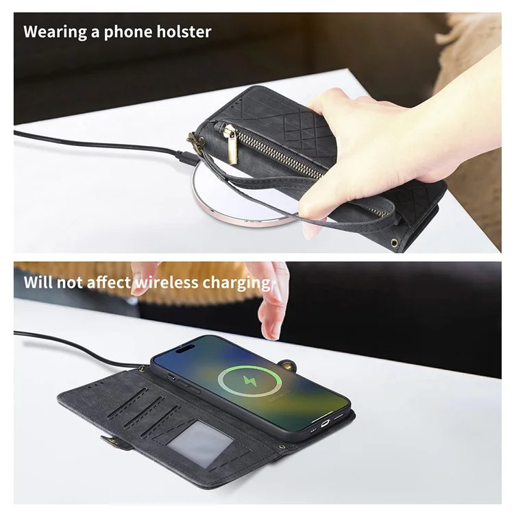 For Oppo Reno12 Pro 5G (Global) Zipper Wallet Case Geometry Lines Leather Phone Cover with Strap - Black-Cellmalls