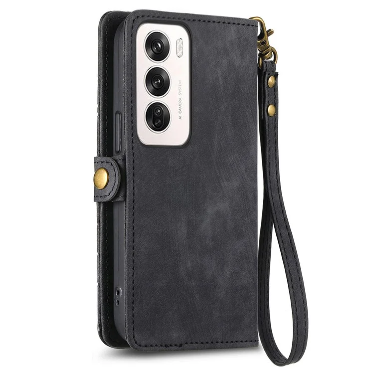 For Oppo Reno12 Pro 5G (Global) Zipper Wallet Case Geometry Lines Leather Phone Cover with Strap - Black-Cellmalls