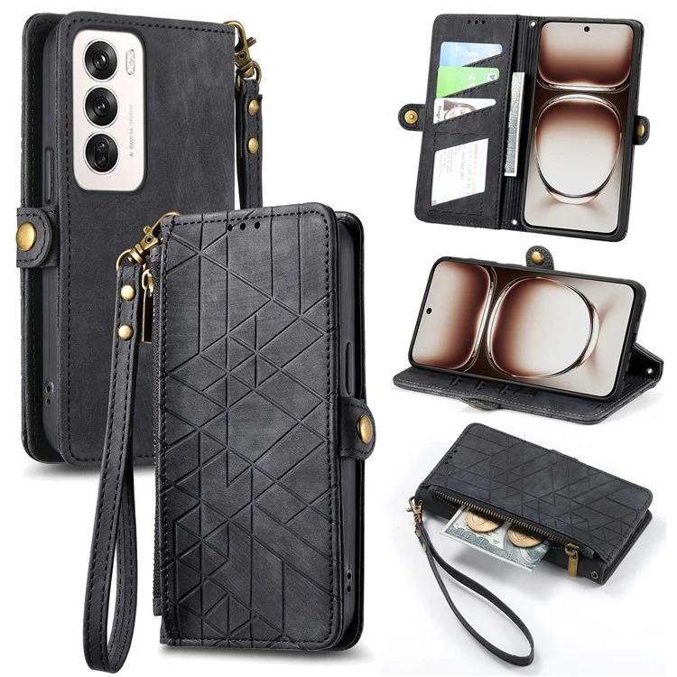 For Oppo Reno12 Pro 5G (Global) Zipper Wallet Case Geometry Lines Leather Phone Cover with Strap - Black-Cellmalls