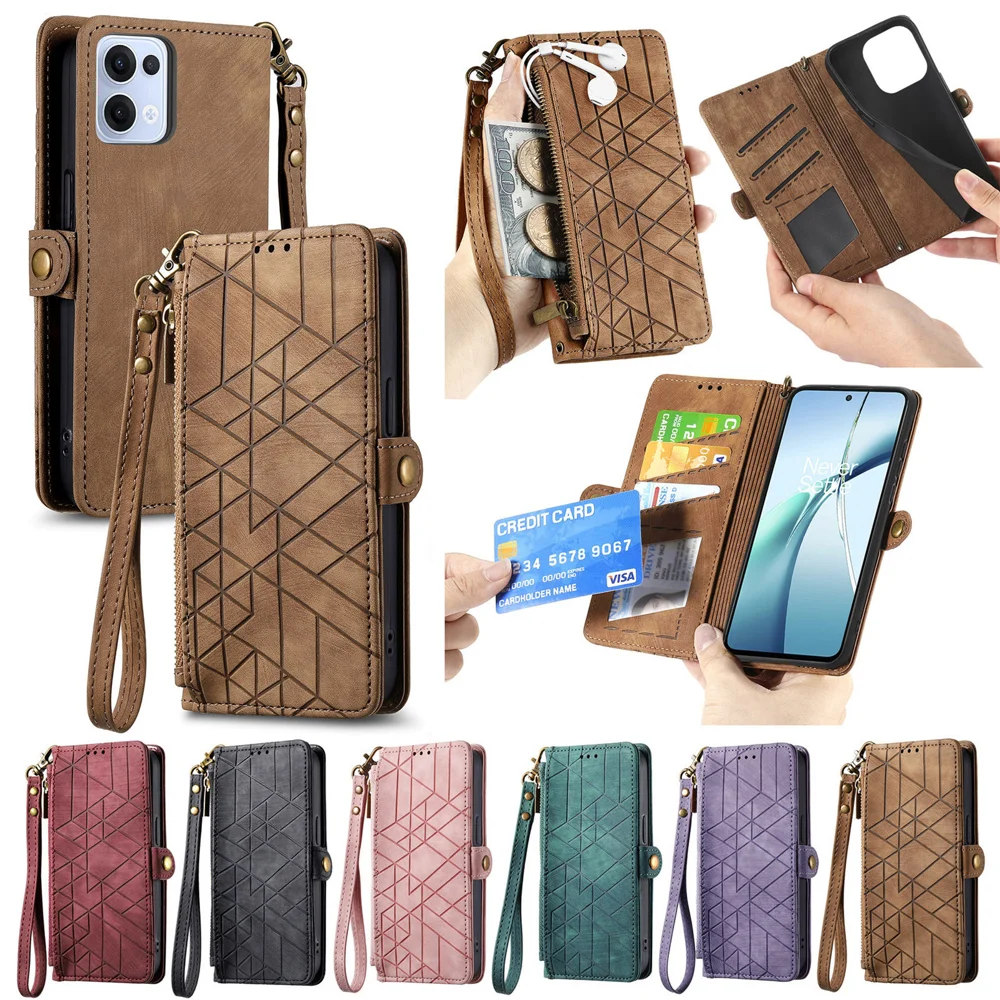 For Oppo Reno13 5G (Global) Zipper Wallet Case Geometry Lines Leather Phone Cover with Strap - Red-Cellmalls