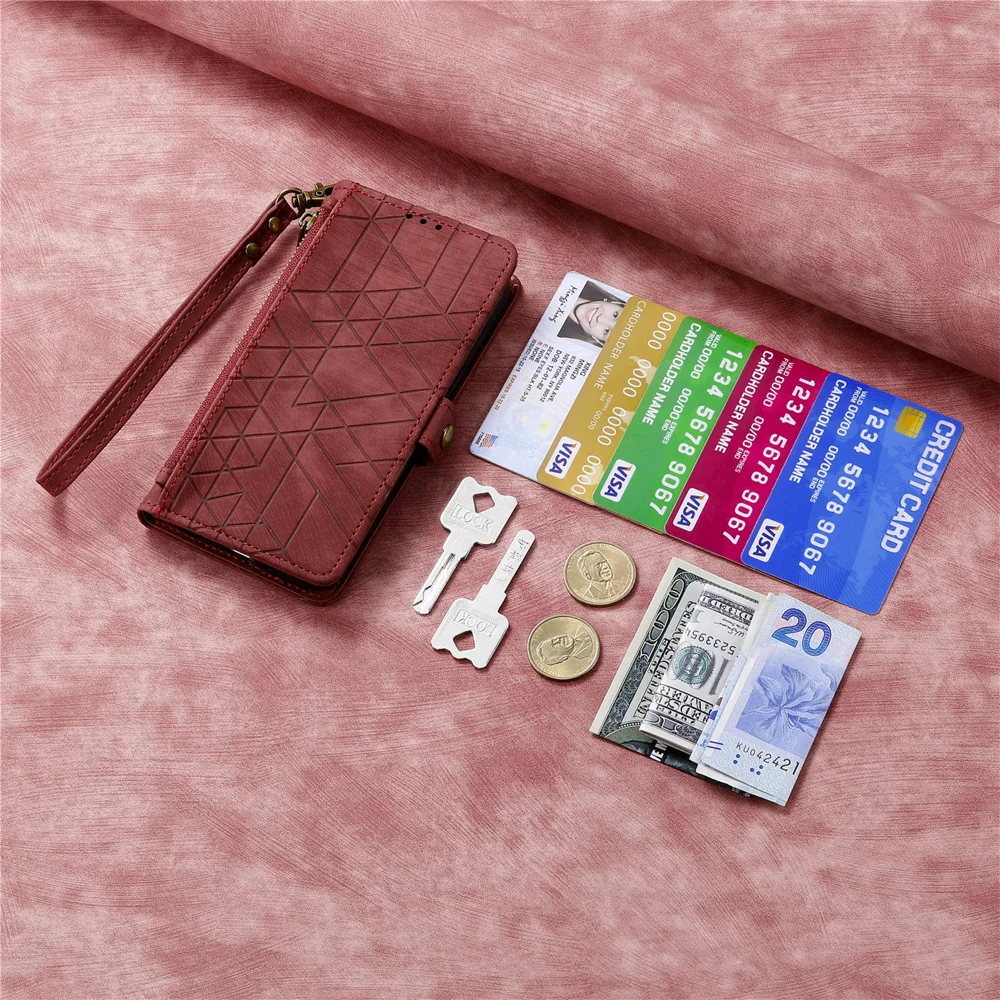 For Oppo Reno13 5G (Global) Zipper Wallet Case Geometry Lines Leather Phone Cover with Strap - Red-Cellmalls