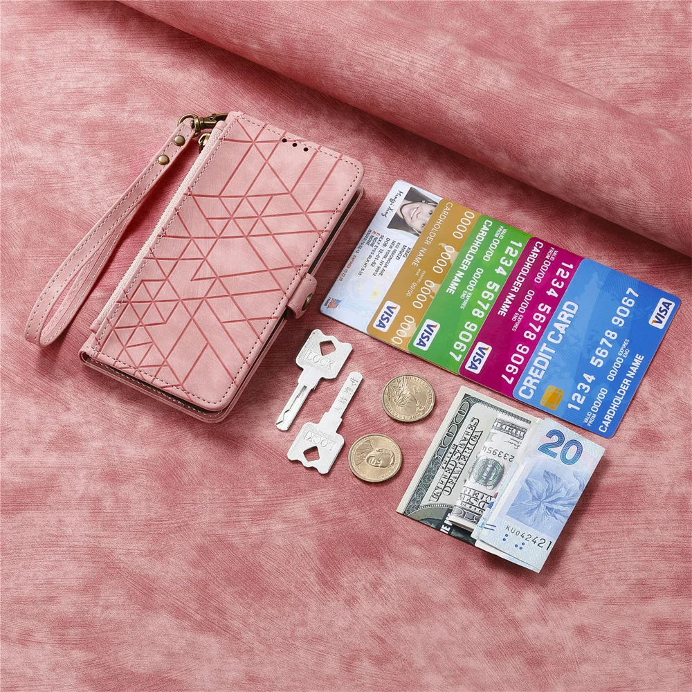 For Oppo Reno13 5G (Global) Zipper Wallet Case Geometry Lines Leather Phone Cover with Strap - Red-Cellmalls