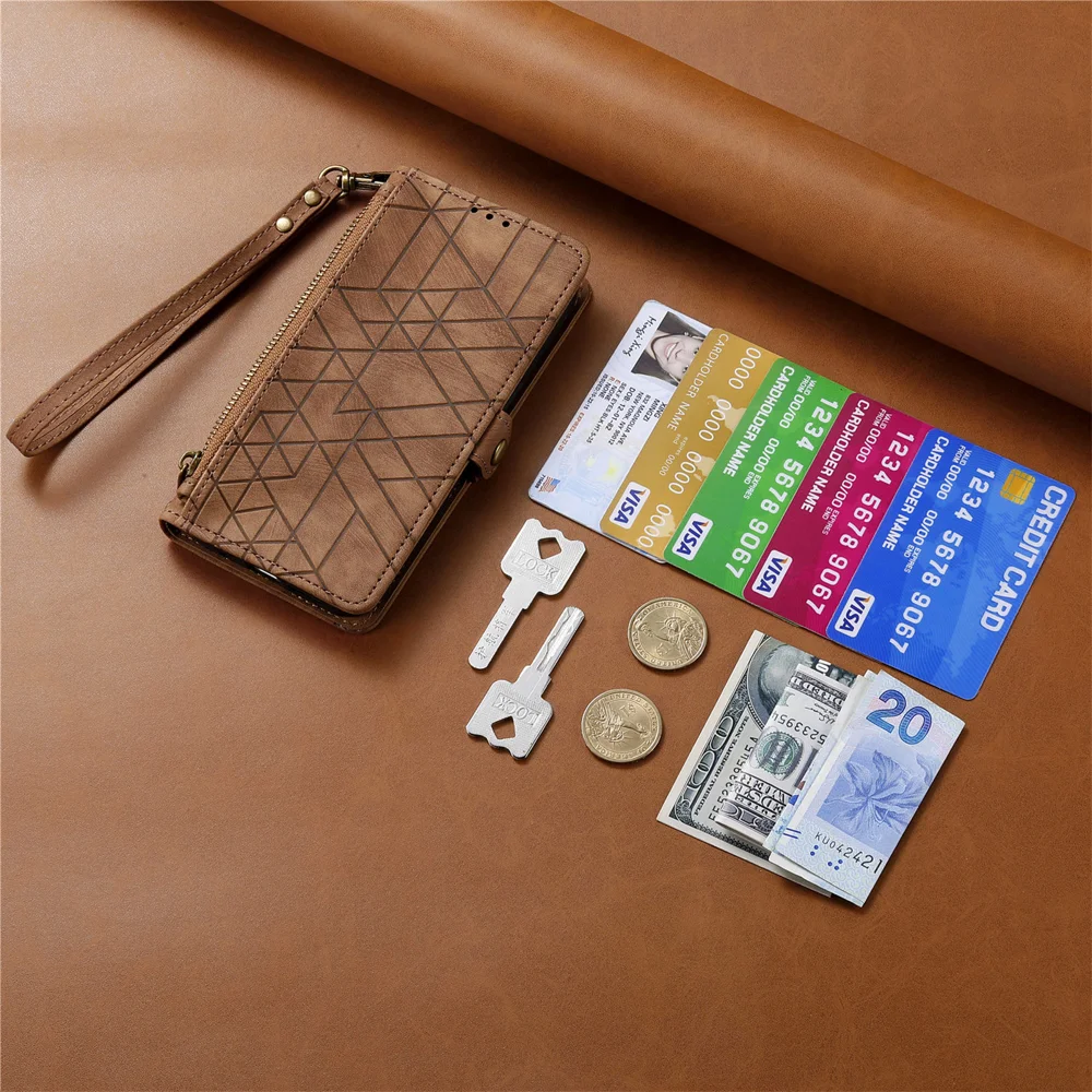 For Oppo Reno13 5G (Global) Zipper Wallet Case Geometry Lines Leather Phone Cover with Strap - Red-Cellmalls