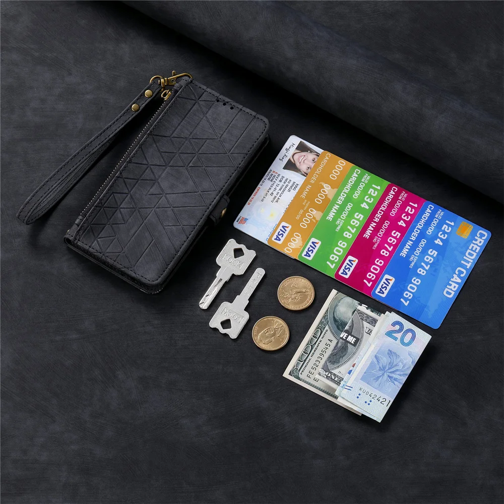 For Oppo Reno13 5G (Global) Zipper Wallet Case Geometry Lines Leather Phone Cover with Strap - Red-Cellmalls