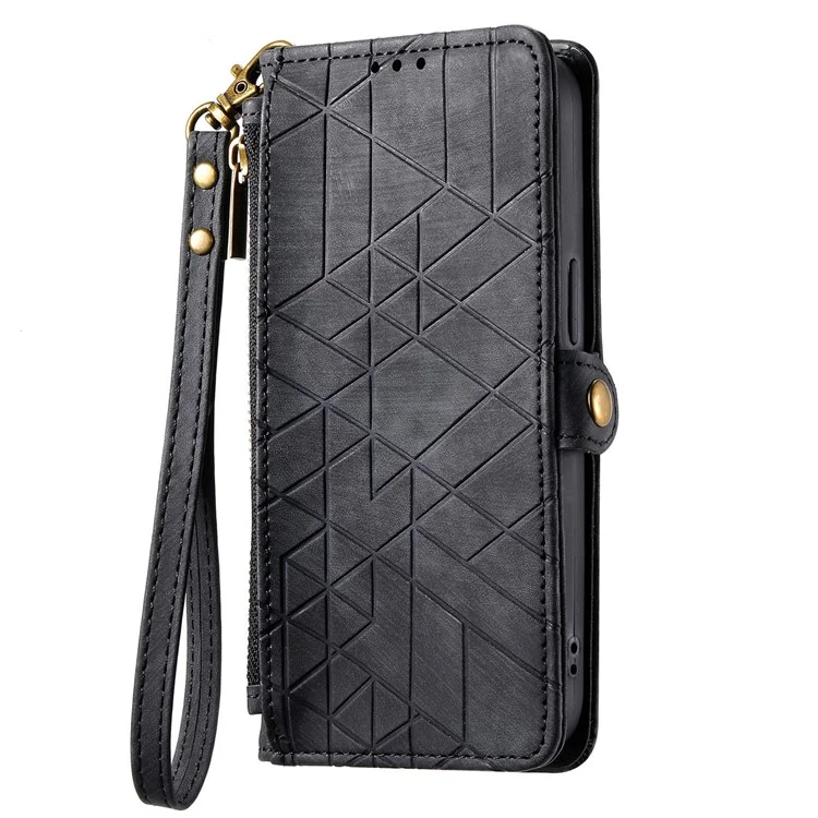For Oppo Reno12 Pro 5G (Global) Zipper Wallet Case Geometry Lines Leather Phone Cover with Strap - Black-Cellmalls