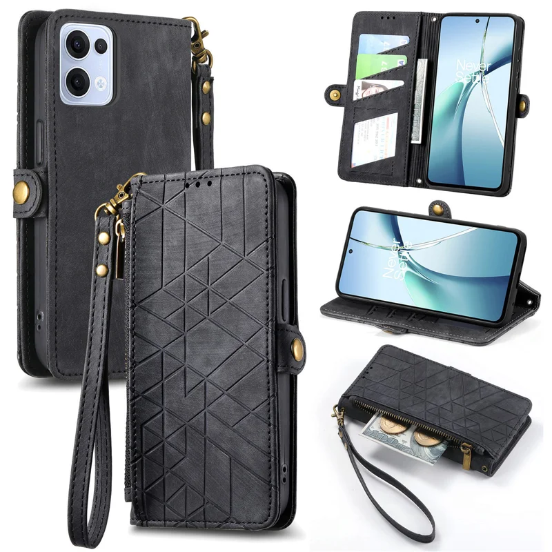 For Oppo Reno13 5G (Global) Zipper Wallet Case Geometry Lines Leather Phone Cover with Strap - Red-Cellmalls