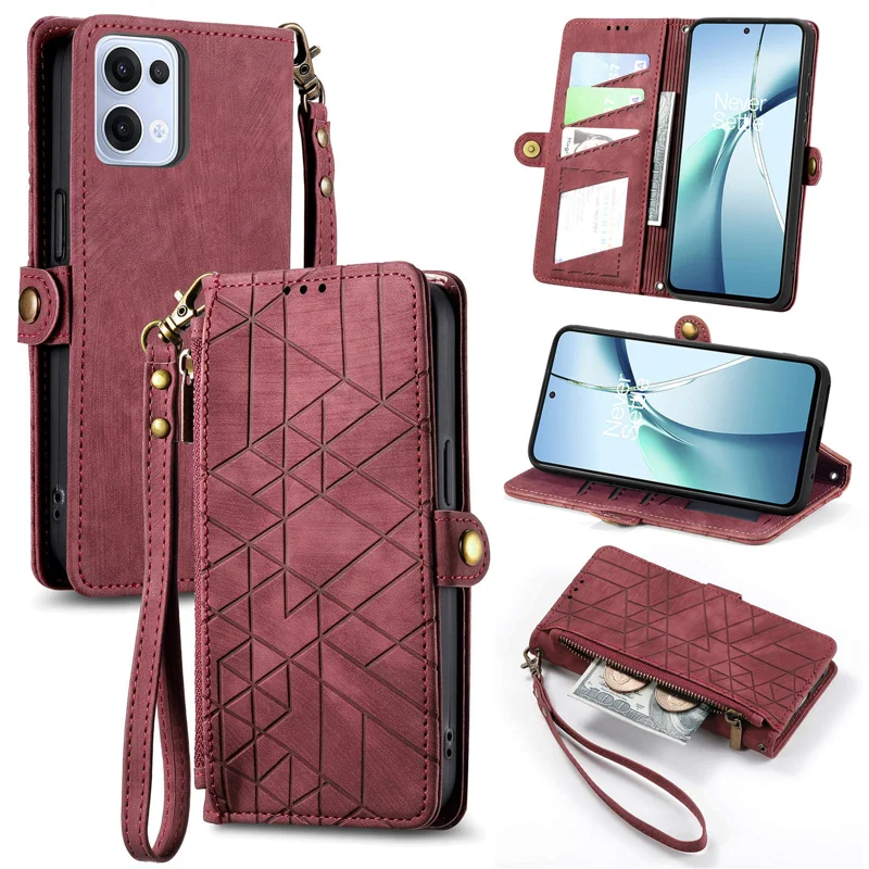 For Oppo Reno13 5G (Global) Zipper Wallet Case Geometry Lines Leather Phone Cover with Strap - Red-Cellmalls