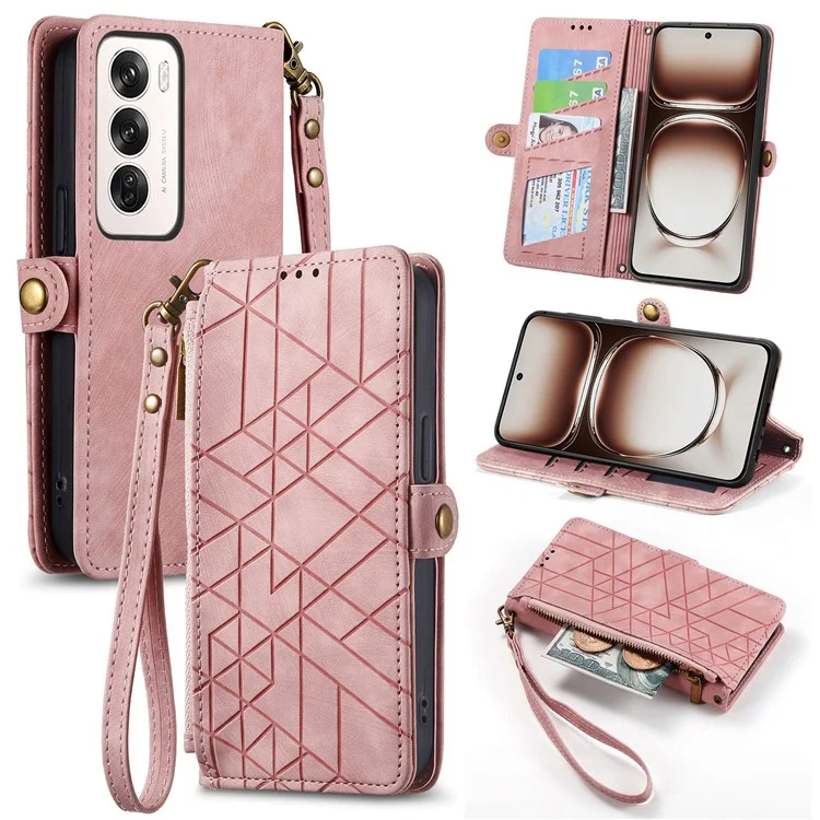 For Oppo Reno12 Pro 5G (Global) Zipper Wallet Case Geometry Lines Leather Phone Cover with Strap - Black-Cellmalls
