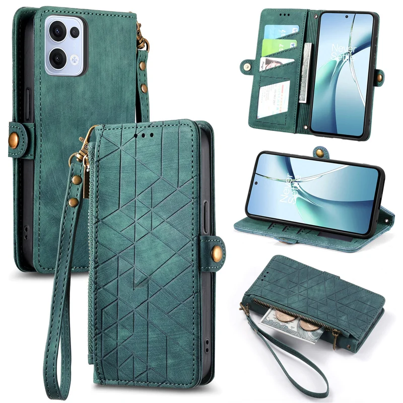 For Oppo Reno13 5G (Global) Zipper Wallet Case Geometry Lines Leather Phone Cover with Strap - Red-Cellmalls