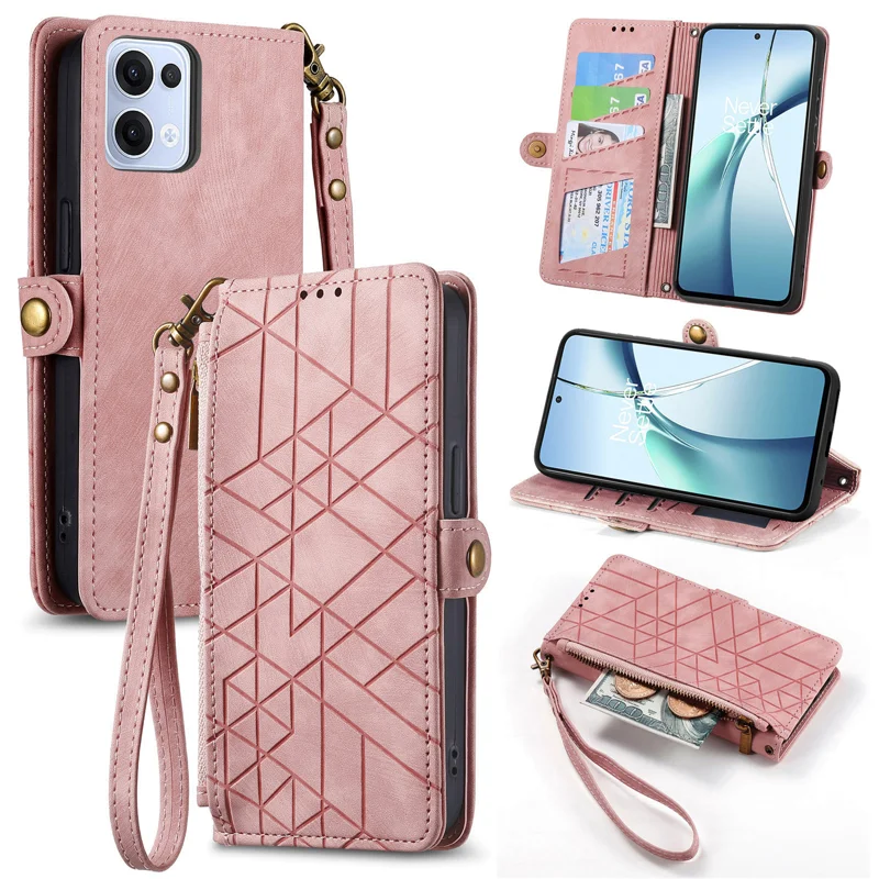 For Oppo Reno13 5G (Global) Zipper Wallet Case Geometry Lines Leather Phone Cover with Strap - Red-Cellmalls