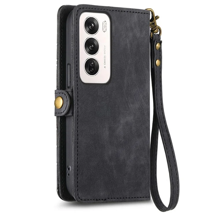 For Oppo Reno12 5G (Global) Zipper Wallet Case Geometry Lines Leather Phone Cover with Strap - Black-Cellmalls
