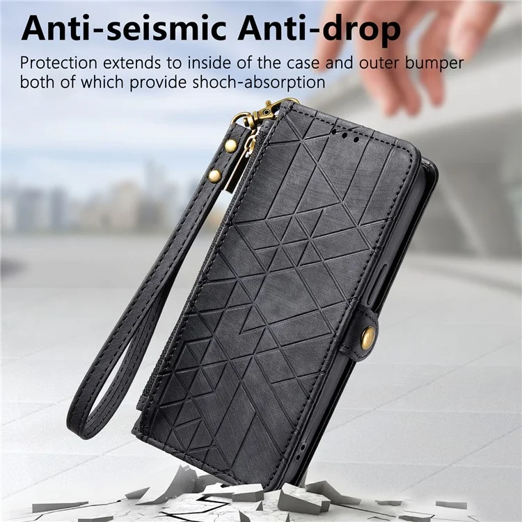 For Oppo Reno12 F 5G Zipper Wallet Case Geometry Lines Leather Phone Cover with Strap - Black-Cellmalls