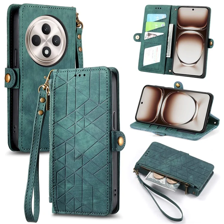 For Oppo Reno12 F 5G Zipper Wallet Case Geometry Lines Leather Phone Cover with Strap - Black-Cellmalls