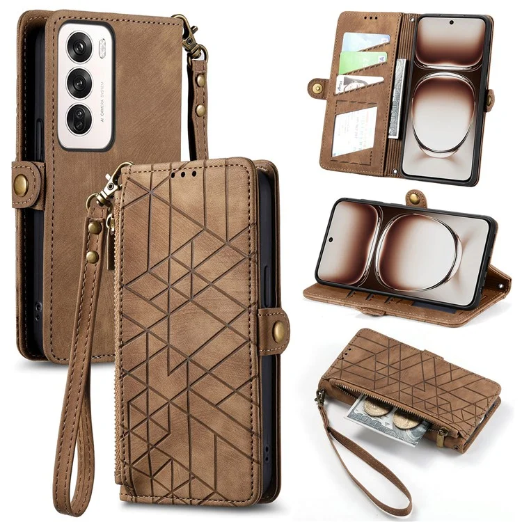 For Oppo Reno12 Pro 5G (Global) Zipper Wallet Case Geometry Lines Leather Phone Cover with Strap - Black-Cellmalls