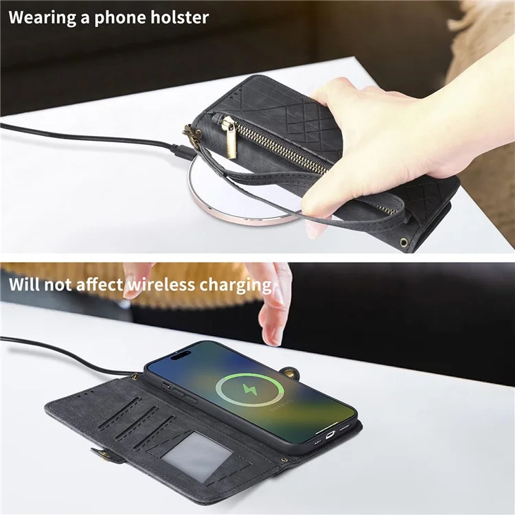 For Oppo Reno12 F 5G Zipper Wallet Case Geometry Lines Leather Phone Cover with Strap - Black-Cellmalls