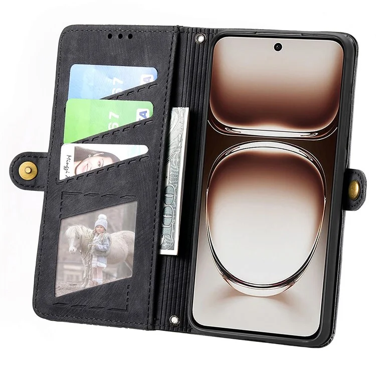 For Oppo Reno12 5G (Global) Zipper Wallet Case Geometry Lines Leather Phone Cover with Strap - Black-Cellmalls