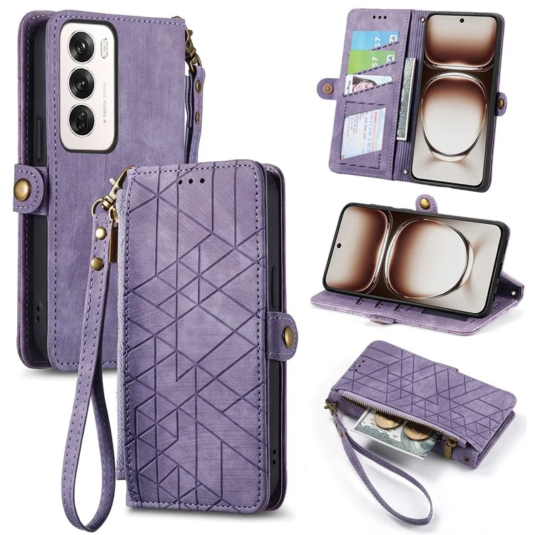 For Oppo Reno12 Pro 5G (Global) Zipper Wallet Case Geometry Lines Leather Phone Cover with Strap - Black-Cellmalls