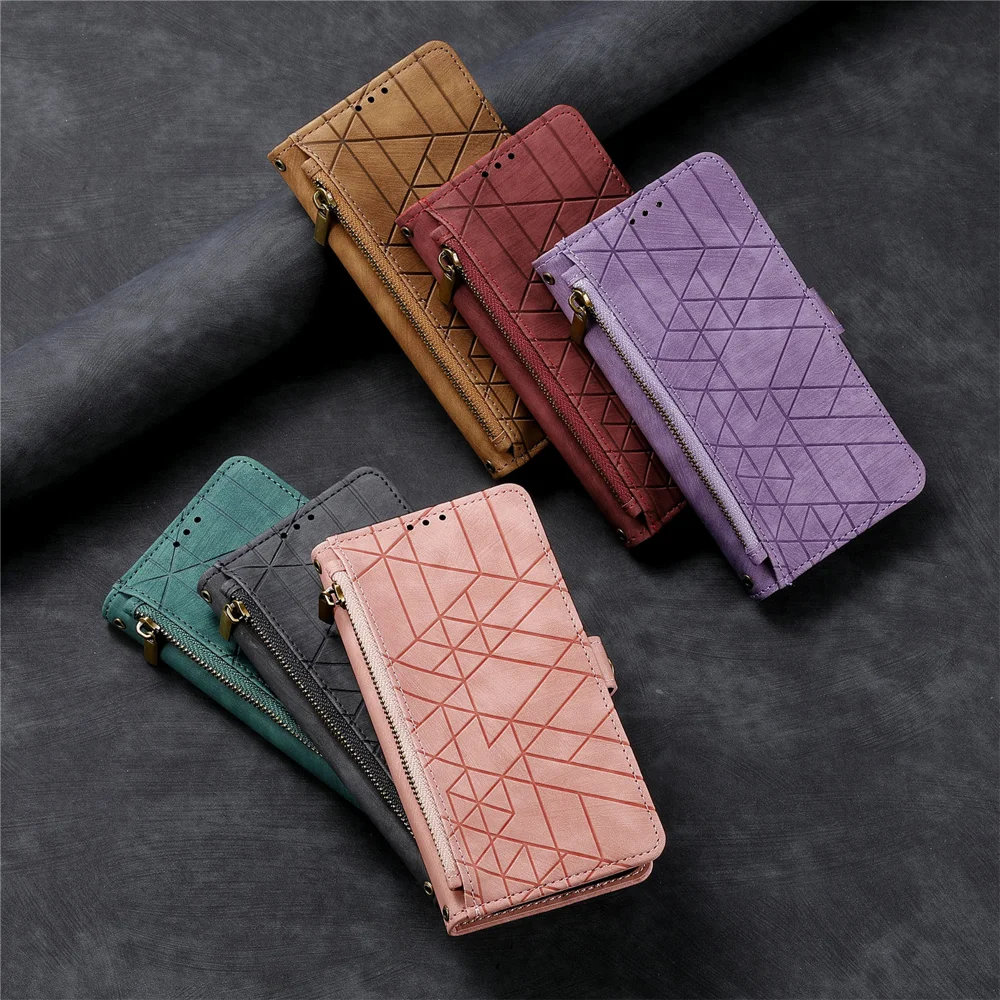 For Oppo Reno13 5G (Global) Zipper Wallet Case Geometry Lines Leather Phone Cover with Strap - Red-Cellmalls