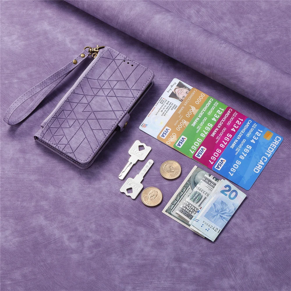 For Oppo Reno13 5G (Global) Zipper Wallet Case Geometry Lines Leather Phone Cover with Strap - Red-Cellmalls