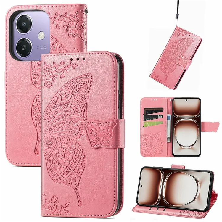 For Oppo A3x 5G Case PU Leather Wallet Phone Cover Butterfly Pattern - Pink-Cellmalls