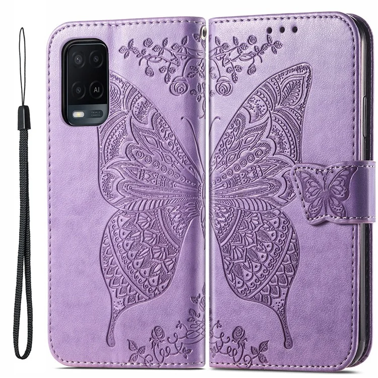 Full Protection Big Butterfly Imprinting Leather Wallet Stand Design Phone Shell for Oppo A54 4G - Pink-Cellmalls