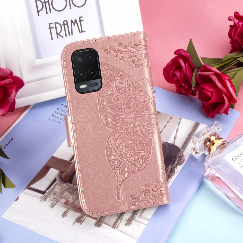 Full Protection Big Butterfly Imprinting Leather Wallet Stand Design Phone Shell for Oppo A54 4G - Pink-Cellmalls