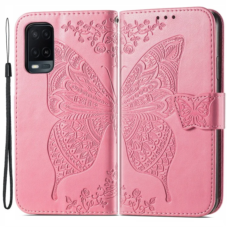 Full Protection Big Butterfly Imprinting Leather Wallet Stand Design Phone Shell for Oppo A54 4G - Pink-Cellmalls