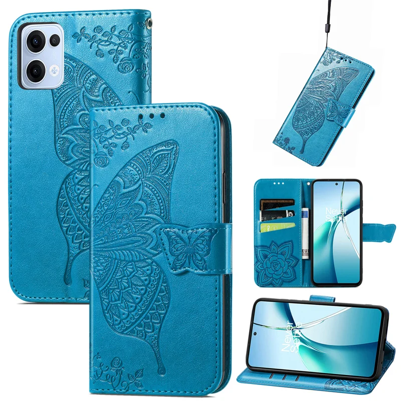 For Oppo Reno13 5G (Global) Case with Strap Butterfly Pattern PU Leather Wallet Phone Cover - Blue-Cellmalls