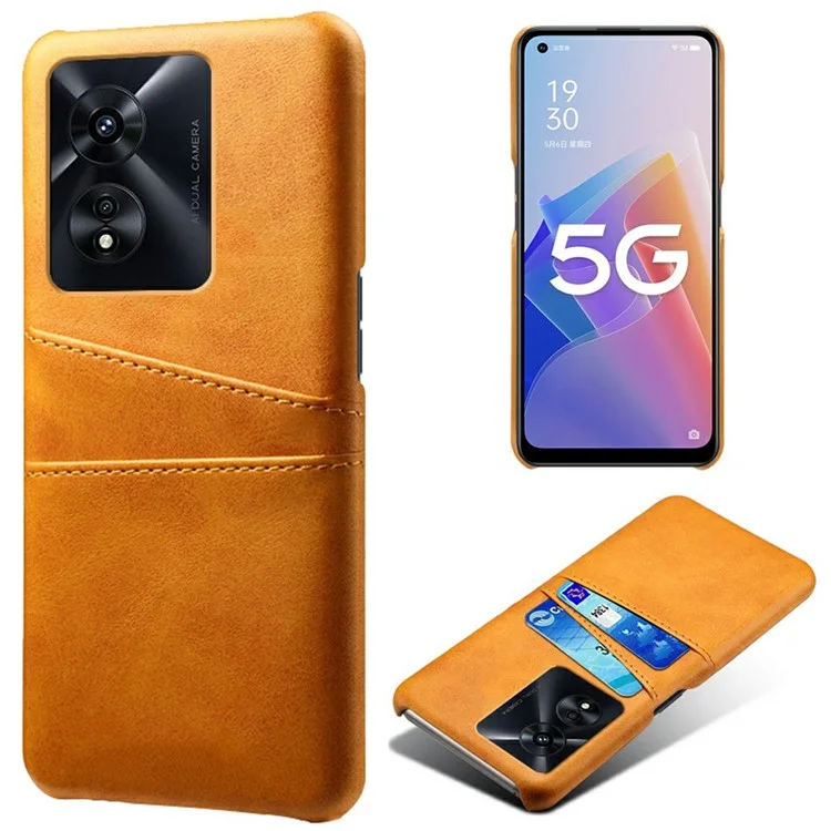 For Oppo A97 5G Protective Phone Case with Dual Card Slots Anti-fall PU Leather Coated Hard PC Back Cover Shell - Orange-Cellmalls