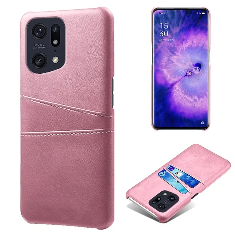 For Oppo Find X5 Pro PU Leather Coated Hard PC Case Two Card Slots Shockproof Anti-scratch Phone Shell - Rose Gold-Cellmalls