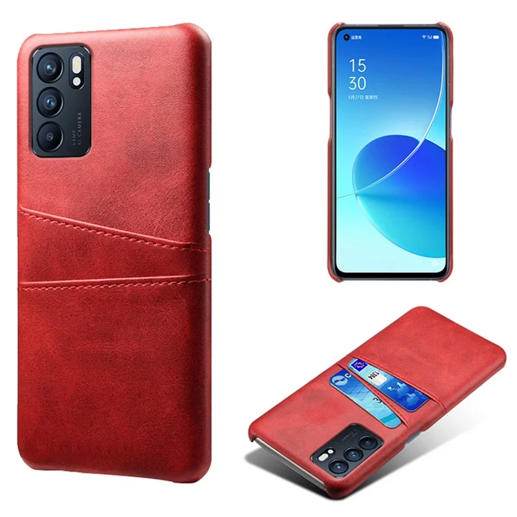 KSQ Double Card Slots PU Leather Coated PC Shell Cover Case for Oppo Reno6 5G - Red-Cellmalls