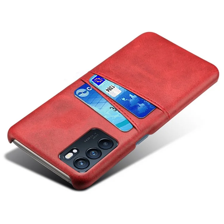 KSQ Double Card Slots PU Leather Coated PC Shell Cover Case for Oppo Reno6 5G - Red-Cellmalls