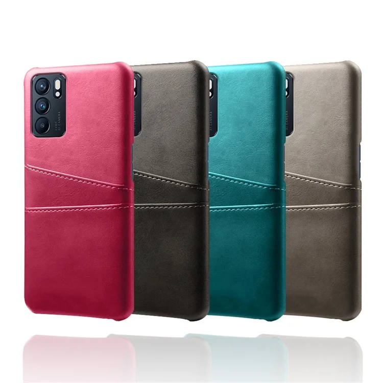 KSQ Double Card Slots PU Leather Coated PC Shell Cover Case for Oppo Reno6 5G - Red-Cellmalls