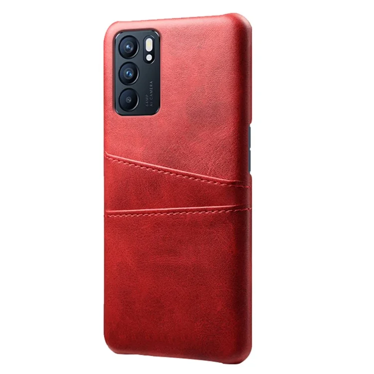 KSQ Double Card Slots PU Leather Coated PC Shell Cover Case for Oppo Reno6 5G - Red-Cellmalls