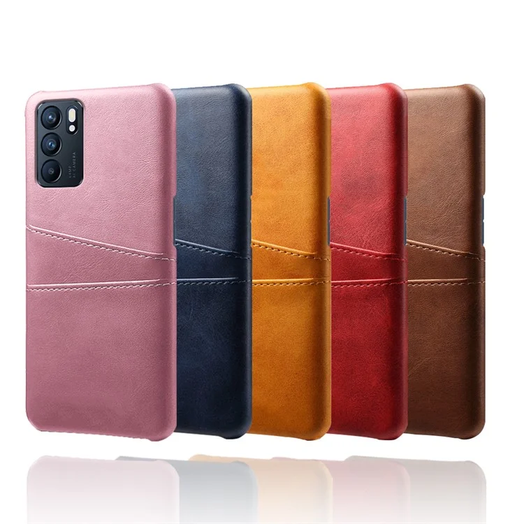 KSQ Double Card Slots PU Leather Coated PC Shell Cover Case for Oppo Reno6 5G - Red-Cellmalls