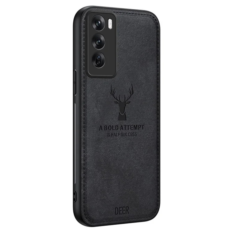 For Oppo Reno12 5G (Global) Phone Case Deer Pattern Cloth Texture PU Leather Back Cover - Black-Cellmalls