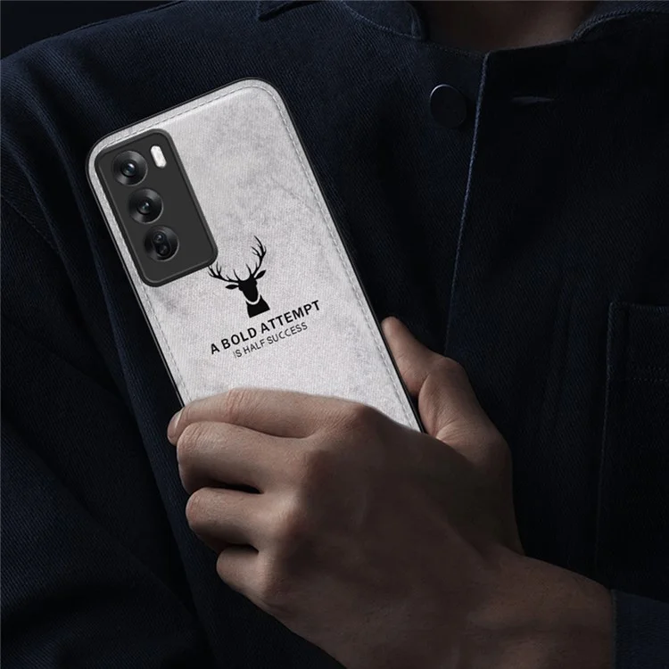 For Oppo Reno12 5G (Global) Phone Case Deer Pattern Cloth Texture PU Leather Back Cover - Black-Cellmalls