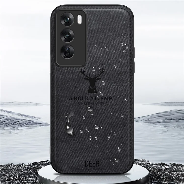 For Oppo Reno12 5G (Global) Phone Case Deer Pattern Cloth Texture PU Leather Back Cover - Black-Cellmalls