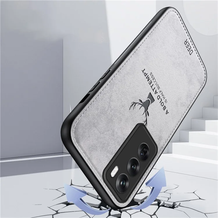 For Oppo Reno12 5G (Global) Phone Case Deer Pattern Cloth Texture PU Leather Back Cover - Black-Cellmalls
