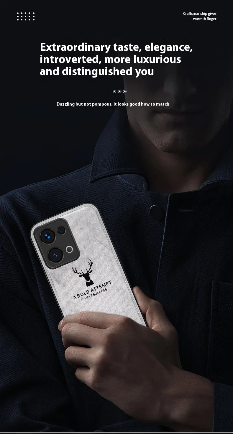 For Oppo Reno13 5G (Global) Case Deer Pattern Cloth Texture PU Leather Hybrid Phone Cover - Black-Cellmalls