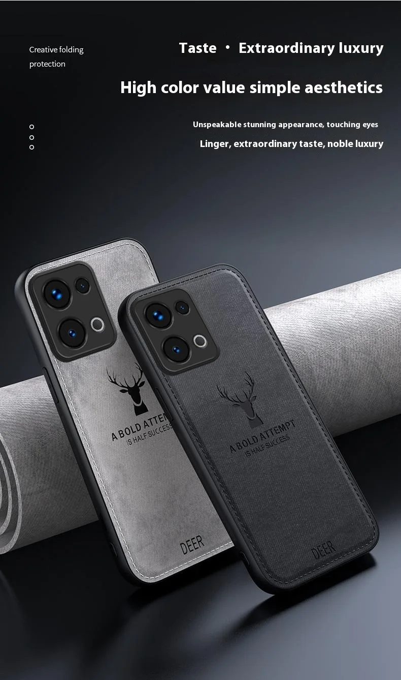 For Oppo Reno13 5G (Global) Case Deer Pattern Cloth Texture PU Leather Hybrid Phone Cover - Black-Cellmalls