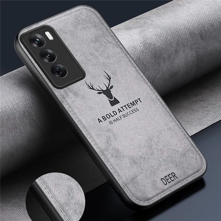 For Oppo Reno12 5G (Global) Phone Case Deer Pattern Cloth Texture PU Leather Back Cover - Black-Cellmalls