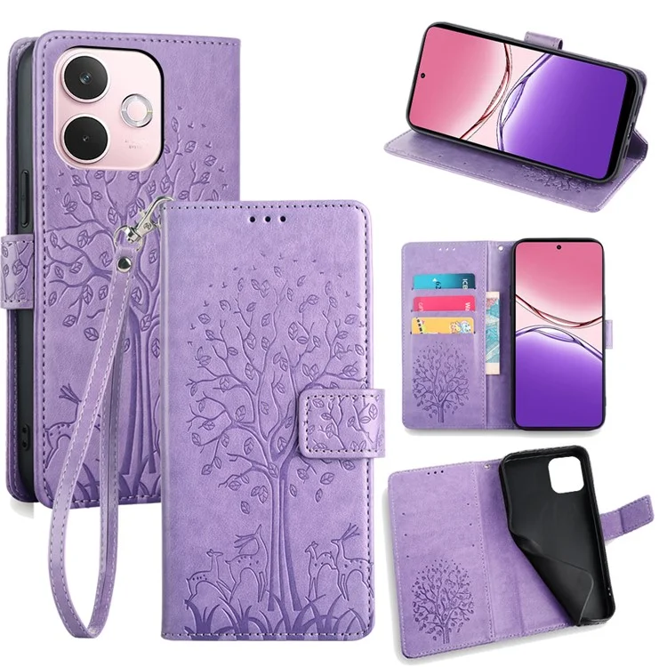 For Oppo A5 Pro 4G (Global) / 5G (Global) / A5 Energy 5G (China) Case PU Leather Wallet Phone Cover Tree Deer Imprinted - Pink-Cellmalls