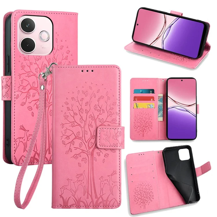 For Oppo A5 Pro 4G (Global) / 5G (Global) / A5 Energy 5G (China) Case PU Leather Wallet Phone Cover Tree Deer Imprinted - Pink-Cellmalls